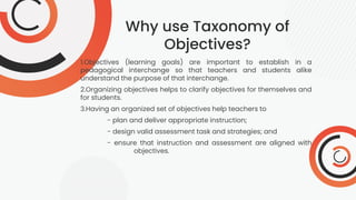 Why use Taxonomy of
Objectives?
1.Objectives (learning goals) are important to establish in a
pedagogical interchange so that teachers and students alike
understand the purpose of that interchange.
2.Organizing objectives helps to clarify objectives for themselves and
for students.
3.Having an organized set of objectives help teachers to
- plan and deliver appropriate instruction;
- design valid assessment task and strategies; and
- ensure that instruction and assessment are aligned with
objectives.
 