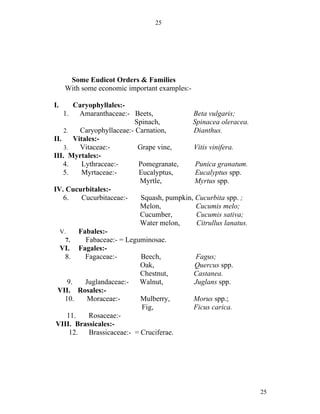25




      Some Eudicot Orders & Families
     With some economic important examples:-

I.       Caryophyllales:-
    1.     Amaranthaceae:- Beets,              Beta vulgaris;
                            Spinach,           Spinacea oleracea.
    2.     Caryophyllaceae:- Carnation,        Dianthus.
II.      Vitales:-
    3.     Vitaceae:-        Grape vine,       Vitis vinifera.
III. Myrtales:-
    4.     Lythraceae:-       Pomegranate,      Punica granatum.
    5.     Myrtaceae:-        Eucalyptus,       Eucalyptus spp.
                              Myrtle,           Myrtus spp.
IV. Cucurbitales:-
    6.      Cucurbitaceae:-    Squash, pumpkin, Cucurbita spp. ;
                              Melon,            Cucumis melo;
                              Cucumber,          Cucumis sativa;
                              Water melon,       Citrullus lanatus.
  V.      Fabales:-
     7.      Fabaceae:- = Leguminosae.
  VI. Fagales:-
     8.      Fagaceae:-        Beech,           Fagus;
                              Oak,              Quercus spp.
                              Chestnut,        Castanea.
      9.     Juglandaceae:-   Walnut,           Juglans spp.
 VII. Rosales:-
     10.      Moraceae:-      Mulberry,        Morus spp.;
                               Fig,            Ficus carica.
      11.     Rosaceae:-
 VIII. Brassicales:-
       12. Brassicaceae:- = Cruciferae.




                                                                      25
 