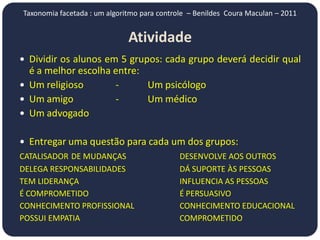 Taxonomia facetada : um algoritmo para controle – Benildes Coura Maculan – 2011


                              Atividade
 Dividir os alunos em 5 grupos: cada grupo deverá decidir qual
  é a melhor escolha entre:
 Um religioso       -      Um psicólogo
 Um amigo           -      Um médico
 Um advogado


 Entregar uma questão para cada um dos grupos:
CATALISADOR DE MUDANÇAS                      DESENVOLVE AOS OUTROS
DELEGA RESPONSABILIDADES                     DÁ SUPORTE ÀS PESSOAS
TEM LIDERANÇA                                INFLUENCIA AS PESSOAS
É COMPROMETIDO                               É PERSUASIVO
CONHECIMENTO PROFISSIONAL                    CONHECIMENTO EDUCACIONAL
POSSUI EMPATIA                               COMPROMETIDO
 