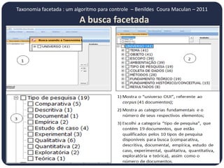 Taxonomia facetada : um algoritmo para controle – Benildes Coura Maculan – 2011

                          A busca facetada
 