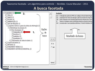 Taxonomia facetada : um algoritmo para controle – Benildes Coura Maculan – 2011

                          A busca facetada
               2.




                         1.
 