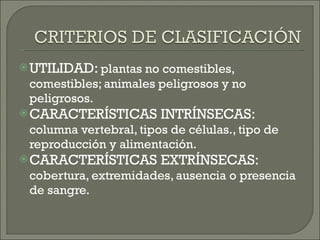 UTILIDAD:  plantas no comestibles, comestibles; animales peligrosos y no peligrosos. CARACTERÍSTICAS INTRÍNSECAS:  columna vertebral, tipos de células., tipo de reproducción y alimentación.  CARACTERÍSTICAS EXTRÍNSECAS:  cobertura, extremidades, ausencia o presencia de sangre. 