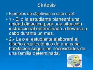 Síntesis Ejemplos de objetivos en este nivel: 1 .- El o la estudiante planeará una unidad didáctica para una situación instruccional determinada a llevarse a cabo durante un mes. 2.- La o el estudiante elaborará el diseño arquitectónico de una casa habitación según las necesidades de una familia determinada. 