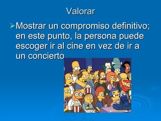 Valorar Mostrar un compromiso definitivo; en este punto, la persona puede escoger ir al cine en vez de ir a un concierto. 