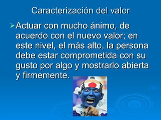 Caracterización del valor Actuar con mucho ánimo, de acuerdo con el nuevo valor; en este nivel, el más alto, la persona debe estar comprometida con su gusto por algo y mostrarlo abierta y firmemente. 