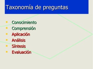 Taxonomía de preguntas Conocimiento Comprensión Aplicación Análisis Síntesis Evaluación 
