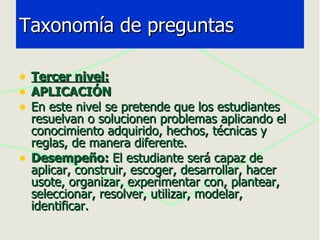 Tercer nivel: APLICACIÓN En este nivel se pretende que los estudiantes resuelvan o solucionen problemas aplicando el conocimiento adquirido, hechos, técnicas y reglas, de manera diferente. Desempeño:  El estudiante será capaz de aplicar, construir, escoger, desarrollar, hacer usote, organizar, experimentar con, plantear, seleccionar, resolver, utilizar, modelar, identificar. Taxonomía de preguntas 