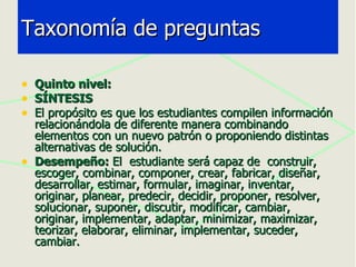 Quinto nivel: SÍNTESIS El propósito es que los estudiantes compilen información relacionándola de diferente manera combinando elementos con un nuevo patrón o proponiendo distintas alternativas de solución. Desempeño:  El  estudiante será capaz de  construir, escoger, combinar, componer, crear, fabricar, diseñar, desarrollar, estimar, formular, imaginar, inventar, originar, planear, predecir, decidir, proponer, resolver, solucionar, suponer, discutir, modificar, cambiar, originar, implementar, adaptar, minimizar, maximizar, teorizar, elaborar, eliminar, implementar, suceder, cambiar. Taxonomía de preguntas 