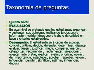 Quinto nivel: EVALUACIÓN En este nivel se pretende que los estudiantes expongan y sustenten sus opiniones realizando juicios sobre información, validar ideas sobre trabajo de calidad en base a criterios establecidos. Desempeño:  El estudiante será capaz de escoger, concluir, criticar, decidir, defender, determinar, disputar, evaluar, juzgar, justificar, medir, comparar, marcar, categorizar, recomendar,  reglamentar, seleccionar, aceptar, interpretar, explicar, avalar, priorizar, opinar, dar importancia, establecer, aprobar, reprobar, valorar, influenciar, percibir, significar, estimar, influenciar, deducir. Taxonomía de preguntas 