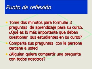 Punto de reflexión Tome dos minutos para formular 3 preguntas  de aprendizaje para su curso. ¿Qué es lo más importante que deben cuestionar  sus estudiantes en su curso? Comparta sus preguntas  con la persona cercana a usted ¿Alguien quiere compartir una pregunta  con todos nosotros? 