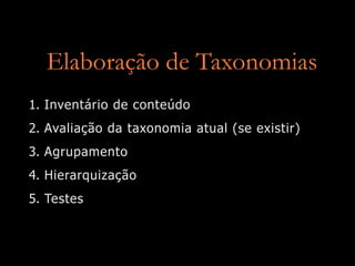 Elaboração de Taxonomias
1. Inventário de conteúdo
2. Avaliação da taxonomia atual (se existir)
3. Agrupamento
4. Hierarquização
5. Testes
 