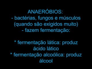 ANAERÓBIOS:
- bactérias, fungos e músculos
  (quando são exigidos muito)
     - fazem fermentação:

  * fermentação lática: produz
          ácido lático
* fermentação alcoólica: produz
             álcool
 