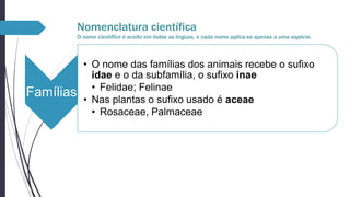 Nomenclatura científica
O nome científico é aceito em todas as línguas, e cada nome aplica-se apenas a uma espécie.

Famílias

• O nome das famílias dos animais recebe o sufixo
idae e o da subfamília, o sufixo inae
• Felidae; Felinae
• Nas plantas o sufixo usado é aceae
• Rosaceae, Palmaceae

 