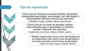 Tipo de reprodução

Assexuada

• Seres que por diversos processos distintos (bipartição,
cissiparidade gemulação, esporulação, etc) dão origem a
descendentes idênticos (clones) aos parentais.
• Bactérias, fungos, protistas, alguns raros animais

Sexuada

• Ocorre através da fusão de gametas (células
especializadas para a reprodução) O indivíduo
gerado é diferente dos parentais.
• Quase todos os animais, fungos, protistas, plantas

Alternância
de Gerações

• Nesses organismos ocorre uma reprodução por
via assexuada (não ocorre troca de gametas) e
uma fase sexuada (ocorre troca de gametas).
• Alguns Animais, fungos, protistas, plantas

 