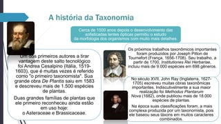 A história da Taxonomia
Cerca de 1500 anos depois o desenvolvimento das
sofisticadas lentes ópticas permitiu o estudo
da morfologia dos organismos com muito mais detalhes.

Um dos primeiros autores a tirar
vantagem deste salto tecnológico
foi Andrea Cesalpino (Itália, 15191603), que é muitas vezes é referido
como "o primeiro taxonomista". Sua
grande obra De Plantis saiu em 1583
e descreveu mais de 1.500 espécies
de plantas.
Duas grandes famílias de plantas que
ele primeiro reconheceu ainda estão
em uso hoje:
o Asteraceae e Brassicaceae.

Os próximos trabalhos taxonômicos importantes
foram produzidos por Joseph Pitton de
Tournefort (França, 1656-1708). Seu trabalho, a
partir de 1700, Institutiones Rei Herbariae,
incluiu mais de 9.000 espécies em 698 gêneros.
No século XVII, John Ray (Inglaterra, 16271705) escreveu muitas obras taxonômicas
importantes. Indiscutivelmente a sua maior
realização foi Methodus Plantarum
Nova (1682), onde publicou mais de 18.000
espécies de plantas.
Na época suas classificações foram, a mais
complexa produzida por um taxonomista, pois
ele baseou seus táxons em muitos caracteres
combinados.

 