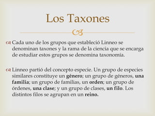 
 Cada uno de los grupos que estableció Linneo se
denominan taxones y la rama de la ciencia que se encarga
de estudiar estos grupos se denomina taxonomía.
 Linneo partió del concepto especie. Un grupo de especies
similares constituye un género; un grupo de géneros, una
familia; un grupo de familias, un orden; un grupo de
órdenes, una clase; y un grupo de clases, un filo. Los
distintos filos se agrupan en un reino.
Los Taxones
 