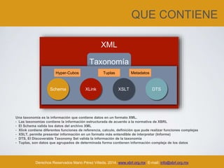 XML
Taxonomía
QUE CONTIENE
Derechos Reservados Mario Pérez Villeda, 2014. www.xbrl.org.mx E-mail: info@xbrl.org.mx
Schema XLink XSLT DTS
Una taxonomía es la información que contiene datos en un formato XML.
• Las taxonomías contiene la información estructurada de acuerdo a la normativa de XBRL
• El Schema valida los datos del archivo XML
• Xlink contiene diferentes funciones de referencia, calculo, definición que pude realizar funciones complejas
• XSLT, permite presentar información en un formato más entendible de interpretar (Informe)
• DTS, El Discoverable Taxonomy Set valida la información de la taxonomía
• Tuplas, son datos que agrupados de determinada forma contienen información compleja de los datos
Tuplas MetadatosHyper-Cubos
 