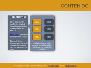CONTENIDO
Derechos Reservados Mario Pérez Villeda, 2014. www.xbrl.org.mx E-mail: info@xbrl.org.mx
Taxonomía
• Es un documento
electrónico en XML
que esta estructurado
en el estándar de
XBRL 2.1.
• XBRL.ORG, define las
Taxonomías a utilizar
• Se puede crear
taxonomías a partir de
una definición global,
para personalizar una
local
XML XSD
XML XSD
XML XSD
Una Taxonomía en XBRL
contiene varios XML y XSD
que forman un estado de
resultados
 