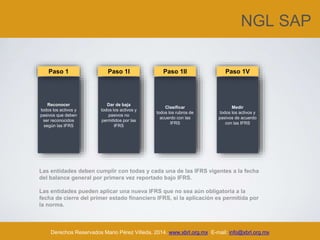 NGL SAP
Derechos Reservados Mario Pérez Villeda, 2014. www.xbrl.org.mx E-mail: info@xbrl.org.mx
Reconocer
todos los activos y
pasivos que deben
ser reconocidos
según las IFRS
Dar de baja
todos los activos y
pasivos no
permitidos por las
IFRS
Clasificar
todos los rubros de
acuerdo con las
IFRS
Medir
todos los activos y
pasivos de acuerdo
con las IFRS
Las entidades deben cumplir con todas y cada una de las IFRS vigentes a la fecha
del balance general por primera vez reportado bajo IFRS.
Las entidades pueden aplicar una nueva IFRS que no sea aún obligatoria a la
fecha de cierre del primer estado financiero IFRS, si la aplicación es permitida por
la norma.
Paso 1 Paso 1I Paso 1II Paso 1V
 