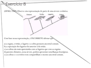 Exercício 8
(UFMG/2009) Observe esta representação de parte de uma árvore evolutiva:
Com base nessa representação, é INCORRETO afirmar que
a) a enguia, o tritão, o lagarto e a cobra possuem ancestral comum.
b) a especiação dos lagartos foi anterior à do tritão.
c) as cobras são mais aparentadas com os lagartos que com as enguias.
d) parentes distantes, nessa árvore, podem apresentar semelhanças fenotípicas.
e) as cobras e o os tritões tem compartilham o mesmo ancestral comum.
 
