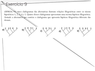 Exercício 9
(UFRGS) Os cinco cladogramas das alternativas ilustram relações filogenéticas entre os táxons
hipotéticos 1, 2, 3, 4 e 5. Quatro desses cladogramas apresentam uma mesma hipótese filogenética.
Assinale a alternativa que contém o cladograma que apresenta hipótese filogenética diferente das
demais.
 