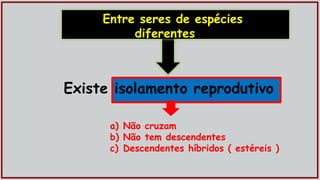 Entre seres de espécies
diferentes
Existe isolamento reprodutivo
a) Não cruzam
b) Não tem descendentes
c) Descendentes híbridos ( estéreis )
 