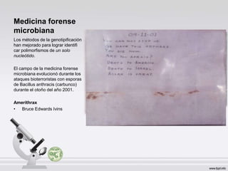 Medicina forense
microbiana
Los métodos de la genotipificación
han mejorado para lograr identifi
car polimorfismos de un solo
nucleótido.
El campo de la medicina forense
microbiana evolucionó durante los
ataques bioterroristas con esporas
de Bacillus anthracis (carbunco)
durante el otoño del año 2001.
Amerithrax
• Bruce Edwards Ivins
 