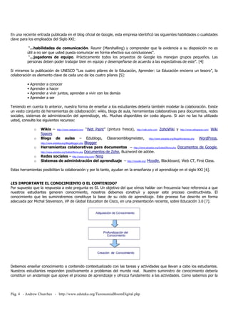 En una reciente entrada publicada en el blog oficial de Google, esta empresa identificó las siguientes habilidades o cualidades 
clave para los empleados del Siglo XXI: 
“...habilidades de comunicación. Reunir (Marshalling) y comprender que la evidencia a su disposición no es 
útil a no ser que usted pueda comunicar en forma efectiva sus conclusiones”. 
“...jugadores de equipo. Prácticamente todos los proyectos de Google los manejan grupos pequeños. Las 
personas deben poder trabajar bien en equipo y desempeñarse de acuerdo a las expectativas de este”. [4] 
Si miramos la publicación de UNESCO “Los cuatro pilares de la Educación, Aprender: La Educación encierra un tesoro”, la 
colaboración es elemento clave de cada uno de los cuatro pilares [5]: 
• Aprender a conocer 
• Aprender a hacer 
• Aprender a vivir juntos, aprender a vivir con los demás 
• Aprender a ser 
Teniendo en cuenta lo anterior, nuestra forma de enseñar a los estudiantes debería también modelar la colaboración. Existe 
un vasto conjunto de herramientas de colaboración: wikis, blogs de aula, herramientas colaborativas para documentos, redes 
sociales, sistemas de administración del aprendizaje, etc. Muchas disponibles sin costo alguno. Si aún no las ha utilizado 
usted, consulte los siguientes recursos: 
o Wikis – http://www.wetpaint.com/ “Wet Paint” (pintura fresca), http://wiki.zoho.com ZohoWiki y http://www.wikispaces.com/ Wiki 
Spaces 
o Blogs de aulas – Edublogs, Classroomblogmeister, http://www.eduteka.org/BlogsWordpress.php WordPress, 
http://www.eduteka.org/BlogsBlogger.php Blogger 
o Herramientas colaborativas para documentos – http://www.eduteka.org/SuitesOficina.php Documentos de Google, 
http://www.eduteka.org/SuitesOficina.php Documentos de Zoho, Buzzword de adobe. 
o Redes sociales – http://www.ning.com/ Ning 
o Sistemas de administración del aprendizaje – http://moodle.org/ Moodle, Blackboard, Web CT, First Class. 
Estas herramientas posibilitan la colaboración y por lo tanto, ayudan en la enseñanza y el aprendizaje en el siglo XXI [6]. 
¿ES IMPORTANTE EL CONOCIMIENTO O EL CONTENIDO? 
Por supuesto que la respuesta a este pregunta es SI. Un objetivo del que oímos hablar con frecuencia hace referencia a que 
nuestros estudiantes generen conocimiento, nosotros debemos construír y apoyar este proceso constructivista. El 
conocimiento que les suministremos constituye la base de su ciclo de aprendizaje. Este proceso fue descrito en forma 
adecuada por Michal Stevenson, VP de Global Education de Cisco, en una presentación reciente, sobre Educación 3.0 [7]. 
Debemos enseñar conocimiento o contenido contextualizado con las tareas y actividades que llevan a cabo los estudiantes. 
Nuestros estudiantes responden positivamente a problemas del mundo real. Nuestro suministro de conocimiento debería 
constituir un andamiaje que apoye el proceso de aprendizaje y ofrezca fundamento a las actividades. Como sabemos por la 
Pág. 4 - Andrew Churches - http://www.eduteka.org/TaxonomiaBloomDigital.php 
 