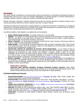 RECORDAR 
Aun cuando recordar lo aprendido es el más bajo de los niveles de la taxonomía, es crucial para el aprendizaje. Recordar no 
necesariamente tiene que ocurrir como una actividad independiente, por ejemplo aprender de memoria hechos,valores y 
cantidades. Recordar o retener se refuerza si se aplica en actividades de orden superior. 
Recordar: Recuperar, rememorar o reconocer conocimiento que está en la memoria. Recordar se evidencia cuando se usa la 
memoria para producir definiciones, hechos o listados o, para citar o recuperar material. 
Clave para este elemento de la taxonomía en medios digitales es la recuperación de material. El incremento en la cantidad de 
conocimiento e información significa que es imposible y poco práctico para el estudiante (o el docente) tratar de recordar y 
conservar todo el conocimiento actual relevante para su aprendizaje. 
Las adiciones digitales a esta categoría y sus explicaciones son las siguientes: 
• Utilizar Viñetas (Bullet pointing) – Es análogo a listar pero en formato digital. 
• Resaltar – El resaltador es una herramienta clave en suites de programas de productividad como Microsoft Office u 
Office.org, esta última es de código abierto. Al motivar a los estudiantes para que escojan y resalten palabras y 
frases fundamentales, les reforzamos el recordar y la memoria. 
• Marcar o favoritos – en este proceso los estudiantes marcan sitios en la web, recursos y archivos para usarlos en 
el futuro. También, pueden organizarlos más adelante. 
• Redes sociales – es en ellas donde las personas desarrollan redes de amigos y asociados; forjan y crean vínculos 
entre diferentes personas. Como los marcadores sociales (ver más adelante) una red social puede constituirse en 
elemento clave de colaboración y trabajo en red. 
• Construcción colectiva de repositirios de favoritos (Social bookmarking) – es una versión en línea de 
marcar o de favoritos locales, pero más avanzada ya que puede aprovechar otros marcadores y etiquetas. Mientras 
habilidades del pensamiento de orden superior como colaborar y compartir, pueden y hacen uso de estas 
habilidades, esta es la forma más simple de usarla; ejemplo, realizar un listado simple de sitios Web que se guardan 
en un sitio en línea, en lugar de almacenarlos localmente en el equipo. En sus formas más avanzadas el Social 
Bookmarking evidencia la comprensión. Vea la página de inicio de http://delicious.com/ del. icio. us 
• Buscar o “googlear” – Actualmente los motores de búsqueda son elementos fundamentales en la investigación de 
los estudiantes. Una explicación sencilla de estos es que los estudiantes digitan una palabra o frase clave en la 
ventana del motor de búsqueda, establecida para ingresar términos. Esta habilidad no refina la búsqueda más allá de 
la palabra o término clave utilizados. 
Verbos Clave – Recordar: 
Reconocer, listar, describir, identificar, recuperar, denominar, localizar, encontrar, utilizar viñetas 
(bullet pointing), resaltar, marcar (bookmarking), participar en la red social (social bookmarking), marcar sitios 
favoritos (favouriting/local bookmarking), buscar, hacer búsquedas en Google (googling). 
Actividades Digitales para Recordar 
o Recitar/Narrar/Relatar [http://www.eduteka.org/HerramientasCurriculo1.php Procesador de Texto, Mapa mental, tarjetas para 
memorizar (flash cards), herramientas de presentación]. 
o Examen/Pueba [Herramientas en línea, Procesador de Texto (local – Word, Staroffice, Open Officeo / en línea – 
http://www.eduteka.org/SuitesOficina.php Google Documents, http://www.eduteka.org/SuitesOficina.php Zoho Documents, Thinkfree, etc.), Hojas 
índice] 
o Tarjetas para memorizar (Flashcards) [http://moodle.org/ Moodle, http://platea.pntic.mec.es/~iali/CN/Hot_Potatoes/intro.htm Hot Potatoes, 
Objetos de aprendizaje con estándar Scorm] 
o Definción [Procesador de Texto (construcción de viñetas y listas, -local – Word, Staroffice, Oppen Office / en línea – 
Google Documents, Zoho Documents, Thinkfree), Mapas mentales sencillos, http://www.eduteka.org/Wiki.php Wiki, Glosario de 
Moodle, Servicios en línea como http://es.ask.com/ Ask.com, pruebas en las que se llenan espacios en blanco] 
o Hecho/Dato [Procesador de Texto (viñetas y listados), Mapas mentales, Internet, foros de discusión, correo 
electrónico] 
Pág. 6 - Andrew Churches - http://www.eduteka.org/TaxonomiaBloomDigital.php 
 