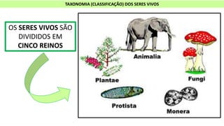 TAXONOMIA (CLASSIFICAÇÃO) DOS SERES VIVOS
OS SERES VIVOS SÃO
DIVIDIDOS EM
CINCO REINOS
 