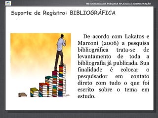 METODOLOGIA DA PESQUISA APLICADA À ADMINISTRAÇÃO

Suporte de Registro: BIBLIOGRÁFICA

De acordo com Lakatos e
Marconi (2006) a pesquisa
bibliográfica trata-se de
levantamento de toda a
bibliografia já publicada. Sua
finalidade é colocar o
pesquisador em contato
direto com tudo o que foi
escrito sobre o tema em
estudo.

 