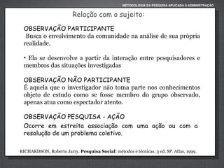 METODOLOGIA DA PESQUISA APLICADA À ADMINISTRAÇÃO

Relação com o sujeito:
OBSERVAÇÃO PARTICIPANTE
Busca o envolvimento da comunidade na análise de sua própria
realidade.
• Ela se desenvolve a partir da interação entre pesquisadores e
membros das situações investigadas
OBSERVAÇÃO NÃO PARTICIPANTE
É aquela que o investigador não toma parte nos conhecimentos
objeto de estudo como se fosse membro do grupo observado,
apenas atua como espectador atento.
OBSERVAÇÃO PESQUISA - AÇÃO
Ocorre em estreita associação com uma ação ou com a
resolução de um problema coletivo.
RICHARDSON, Roberto Jarry. Pesquisa Social: métodos e técnicas. 3 ed. SP. Atlas, 1999.

 

 