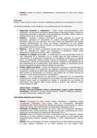 o   Graficar [Hojas de cálculo, digitalizadores, herramientas en línea para Mapas
        mentales]


EVALUAR
Evaluar: Hacer juicios en base a criterios y estándares utilizando la comprobación y la crítica.

Las adiciones digitales a esta categoría y sus justificaciones son las siguientes:

    •   Blog/vlog comentar y reflexionar – Tanto criticar constructivamente como
        reflexionar, con frecuencia se facilitan usando blogs y video blogs (vlogs). Cuando los
        estudiantes comentan y responden a las publicaciones (entradas), deben evaluar el
        material dentro de un contexto y responder a éste.
    •   Publicar – Realizar y publicar comentarios a blogs, participar en grupos de
        discussion, participar en discusiones en cadena (threaded discussions); son
        elementos cada vez más comunes y que usan a diario los estudiantes. Las buenas
        entradas (publicaciones) así como los buenos comentarios, no son simples
        respuestas de un renglón, por el contrario, se estructuran y construyen de manera
        que evalúen el tema o el concepto.
    •   Moderar – Esto se refiere a evaluación de alto nivel, en la que el evaluador debe
        estar en capacidad de valorar una publicación o comentario desde varias
        perspectivas, evaluando su mérito, valor o pertinencia.
    •   Colaborar y trabajar en la red – La colaboración es una característica cada vez
        más importante de la educación. En un mundo cada vez más enfocado en la
        comunicación, la colaboración conducente a la inteligencia colectiva es un aspecto
        clave. La colaboración efectiva implica evaluar las fortalezas y habilidades de los
        participantes y valorar las contribuciones que hacen. Trabajar en red (Networking) es
        una característica de la colaboración, pues permite contactar y comunicarse con la
        persona apropiada mediante redes de trabajo de asociados.
    •   Probar (Alpha and Beta) – Probar las aplicaciones, procesos y procedimientos es
        un elemento clave en el desarrollo de cualquier herramienta. Para ser efectivo
        ensayando o probando se debe tener habilidad para analizar el objetivo/función que
        debe cumplir la herramienta o el proceso, cuál debería ser su forma correcta de
        funcionar y cómo está funcionando en la actualidad.
    •   Validar – Con la abundancia de información a disposición de los estudiantes
        combinada con la falta de autenticación de los datos, los estudiantes de hoy y del
        mañana deben estar en capacidad de validar la veracidad de sus fuentes de
        información. Para lograrlo deben poder analizar y evaluar esas fuentes y hacer
        juicios basados en ellas.

        Verbos Clave – Evaluar:
        Revisar, formular hipótesis, criticar, experimentar, juzgar, probar, detectar,
        monitorear, comentar en un blog, revisar, publicar, moderar, colaborar, participar
        en redes (networking), reelaborar, probar.

Actividades Digitales para Evaluar

    o   Debatir [Procesador de Texto, grabar sonido, podcasting o vodcasting, Mapas
        Conceptuales (Inspiration, Free mind), Salas de conversación, Mensajería
        Instantánea (IM), Correo electrónico, Páneles de discusión, Conferencias por video y
        telefónicas (Skype, IM), Herramientas de colaboración (Elluminate, etc.)]
    o   Participar en Paneles [Procesador de Texto, salas de conversación, Mensajería
        Instantánea (IM), Correo electrónico, Páneles de discusión, conferencias por vido y
        telefónicas, Herramientas de colaboración (Elluminate, etc.)]
    o   Informar [Usar el Procesador de Texto o publicación en la Web (Reportar, publicar
        entradas en un blog, publicar entradas en un Wiki, publicar en una página Web,
        Autopublicaciones simples (Desktop Publishing - DTP), Presentaciones, Cámara
        digital)]
    o   Evaluar [Usar el Procesador de Texto o publicación en la Web (publicar entradas en
        un blog, publicar entradas en un Wiki, publicar en una página Web,
 