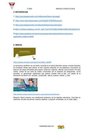 2-2020 MARISOL LLANOSVILLACA
LIBEREMOS BOLIVIA
4. REFERENCIAS
1. https://psicologiaymente.com/reflexiones/frases-de-piaget
2. https://www.tekmaneducation.com/blog/2017/08/28/taxonomi
3. https://psicologiaymente.com/desarrollo/taxonomia-de-bloom
4.https://mafrita.wordpress.com/#:~:text=Teor%C3%ADa%20de%20la%20clasificaci%
5.https://www.greelane.com/es/recursos/para-educadores/blooms-taxonomy-
application-category-8445/
5. VIDEOS
https://www.youtube.com/watch?v=hWspJ_DpJkM
La taxonomía de Bloom es una teoría conocida en el sector educativo porque muchos docentes
la consideran idónea para evaluar el nivel cognitivo adquirido en una asignatura. Esta teoría se
basa en tres áreas principales para evaluar al alumno: cognitiva, afectiva y psicomotora. Por este
motivo, consta de una serie de niveles construidos con el propósito de asegurarnos, como
docentes, un aprendizaje significativo que perdure durante toda la vida. Los niveles de la
taxonomía de Bloom son: recordar, comprender, aplicar, analizar, evaluar y crear.
https://www.youtube.com/results?search_query=taxonomia+de+bloom
Benjamín Bloom propone una clasificación jerárquica de los objetivos educativos. Esta idea es
realmente útil para secuenciar nuestros objetivos y proponer actividades en un orden lógico.
 