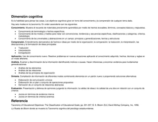 Dimensión cognitiva
Es la habilidad para pensar las cosas. Los objetivos cognitivos giran en torno del conocimiento y la comprensión de cualquier tema dado.
Hay seis niveles en la taxonomía. En orden ascendente son los siguientes:
Conocimiento. Muestra el recuerdo de materiales previamente aprendidos por medio de hechos evocables, términos, conceptos básicos y respuestas.
 Conocimiento de terminología o hechos específicos;
 Conocimiento de los modos y medios para tratar con convenciones, tendencias y secuencias específicas, clasificaciones y categorías, criterios,
metodología
 Conocimiento de los universales y abstracciones en un campo: principios y generalizaciones, teorías y estructuras
Comprensión. Entendimiento demostrativo de hechos e ideas por medio de la organización, la comparación, la traducción, la interpretación, las
descripciones y la formulación de ideas principales
 Traducción
 Interpretación
 Extrapolación
Aplicación. Uso de conocimiento nuevo. Resolver problemas en nuevas situaciones aplicando el conocimiento adquirido, hechos, técnicas y reglas en
un modo diferente.
Análisis. Examen y discriminación de la información identificando motivos o causas. Hacer inferencias y encontrar evidencia para fundamentar
generalizaciones
 Análisis de los elementos
 Análisis de las relaciones
 Análisis de los principios de organización
Síntesis. Compilación de información de diferentes modos combinando elementos en un patrón nuevo o proponiendo soluciones alternativas
 Elaboración de comunicación unívoca
 Elaboración de un plan o conjunto de operaciones propuestas
 Derivación de un conjunto de relaciones abstractas
Evaluación. Presentación y defensa de opiniones juzgando la información, la validez de ideas o la calidad de una obra en relación con un conjunto de
criterios
 Juicios en términos de evidencia interna
 Juicios en términos de criterios externos
Referencia
Taxonomy of Educational Objectives: The Classification of Educational Goals; pp. 201-207; B. S. Bloom (Ed.) David McKay Company, Inc. 1956.
La Rueda de Bloom donde se muestra la Taxonomía cognitiva del psicólogo estadounidense.
 