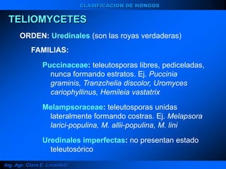 TELIOMYCETES
ORDEN: Uredinales (son las royas verdaderas)
FAMILIAS:
Puccinaceae: teleutosporas libres, pediceladas,
nunca formando estratos. Ej. Puccinia
graminis, Tranzchelia discolor, Uromyces
cariophyllinus, Hemileia vastatrix
Melampsoraceae: teleutosporas unidas
lateralmente formando costras. Ej. Melapsora
larici-populina, M. allii-populina, M. lini
Uredinales imperfectas: no presentan estado
teleutosórico
Ing. Agr. Clara E. Linardelli
CLASIFICACION DE HONGOS
 
