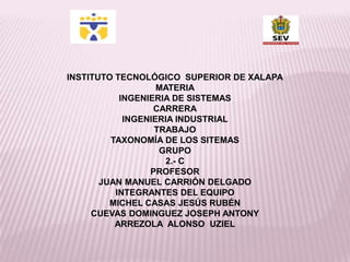 INSTITUTO TECNOLÓGICO SUPERIOR DE XALAPA
                   MATERIA
           INGENIERIA DE SISTEMAS
                  CARRERA
            INGENIERIA INDUSTRIAL
                  TRABAJO
         TAXONOMÍA DE LOS SITEMAS
                   GRUPO
                    2.- C
                 PROFESOR
       JUAN MANUEL CARRIÓN DELGADO
          INTEGRANTES DEL EQUIPO
         MICHEL CASAS JESÚS RUBÉN
     CUEVAS DOMINGUEZ JOSEPH ANTONY
          ARREZOLA ALONSO UZIEL
 