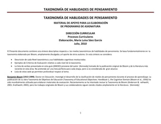 TAXONOMÍA DE HABLIDADES DE PENSAMIENTO
1
TAXONOMÍA DE HABLIDADES DE PENSAMIENTO
MATERIAL DE APOYO PARA LA ELABORACIÓN
DE PROGRAMAS DE ASIGNATURA
DIRECCIÓN CURRICULAR
Procesos Curriculares
Elaboración, María Luisa Sáez García
Julio, 2010
El Presente documento contiene una síntesis descriptiva respecto a los niveles taxonómicos de habilidades de pensmiento. Se basa fundamentalmente en la
taxonomía elaborada por Bloom, ampliamente divulgada y el aporte de otros autores. En esta síntesis se considera:
Descrición de cada Nivel taxonómico y sus habilidades cognitivas involucradas.
Ejemplos de Criterios de Evaluación relativo a cada nivel de la taxonomía.
La lista de verbos presentada en esta guía (ANEXO) proviene del autor (Kennedy) tomada de la publicación original de Bloom y de la literatura más
reciente en esta área. No pretende ser una lista perfecta para cada etapa, pero si es considerada de gran alcance.
Lista de sitios web qe permiten profundizar respect al tema.
Benjamín Bloom (1913-1999). Doctor en Educación. Investigó el desarrollo de la clasificación de niveles de pensamiento durante el proceso de aprendizaje. La
publicación de su obra Taxonomía de Objetivos de Educación (Taxonomy of Educational Objectives: Handbook 1, the Cognitive Domain (Bloom et al., 1956) ha
sido mundialmente utilizada para elaborar materiales de evaluación. Recientemente se ha intentado revisar la Taxonomía de Bloom (Anderson & rathwohl,
2001; Krathwohl, 2002), pero los trabajos originales de Bloom y sus colaboradores siguen siendo citados ampliamente en la literatura. (Kennedy)
 