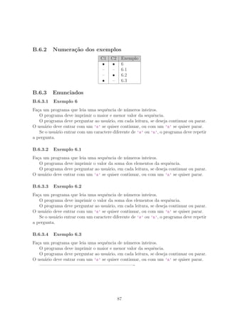 B.6.2 Numera¸c˜ao dos exemplos
C1 C2 Exemplo
• • 6
– – 6.1
– • 6.2
• – 6.3
B.6.3 Enunciados
B.6.3.1 Exemplo 6
Fa¸ca um programa que leia uma sequˆencia de n´umeros inteiros.
O programa deve imprimir o maior e menor valor da sequˆencia.
O programa deve perguntar ao usu´ario, em cada leitura, se deseja continuar ou parar.
O usu´ario deve entrar com um ’s’ se quiser continuar, ou com um ’n’ se quiser parar.
Se o usu´ario entrar com um caractere diferente de ’s’ ou ’n’, o programa deve repetir
a pergunta.
B.6.3.2 Exemplo 6.1
Fa¸ca um programa que leia uma sequˆencia de n´umeros inteiros.
O programa deve imprimir o valor da soma dos elementos da sequˆencia.
O programa deve perguntar ao usu´ario, em cada leitura, se deseja continuar ou parar.
O usu´ario deve entrar com um ’s’ se quiser continuar, ou com um ’n’ se quiser parar.
B.6.3.3 Exemplo 6.2
Fa¸ca um programa que leia uma sequˆencia de n´umeros inteiros.
O programa deve imprimir o valor da soma dos elementos da sequˆencia.
O programa deve perguntar ao usu´ario, em cada leitura, se deseja continuar ou parar.
O usu´ario deve entrar com um ’s’ se quiser continuar, ou com um ’n’ se quiser parar.
Se o usu´ario entrar com um caractere diferente de ’s’ ou ’n’, o programa deve repetir
a pergunta.
B.6.3.4 Exemplo 6.3
Fa¸ca um programa que leia uma sequˆencia de n´umeros inteiros.
O programa deve imprimir o maior e menor valor da sequˆencia.
O programa deve perguntar ao usu´ario, em cada leitura, se deseja continuar ou parar.
O usu´ario deve entrar com um ’s’ se quiser continuar, ou com um ’n’ se quiser parar.
—————————————————————-
87
 