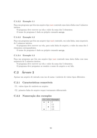 C.1.3.2 Exemplo 1.1
Fa¸ca um programa que leia um arquivo tipo text contendo uma ´unica linha com 5 n´umeros
inteiros.
O programa deve escrever na tela o valor da soma dos 5 elementos.
O nome do programa ´e dado no pr´oprio comando assign.
C.1.3.3 Exemplo 1.2
Fa¸ca um programa que leia um arquivo tipo text contendo, em cada linha, uma sequencia
de 5 n´umeros inteiros.
O programa deve escrever na tela, para cada linha do arquivo, o valor da soma dos 5
elementos correspondentes.
O nome do programa ´e dado no pr´oprio comando assign.
C.1.3.4 Exemplo 1.3
Fa¸ca um programa que leia um arquivo tipo text contendo uma ´unica linha com uma
sequencia de 5 n´umeros inteiros.
O programa deve escrever na tela o valor da soma dos 5 elementos.
O programa deve perguntar ao usu´ario o nome do arquivo a ser lido.
C.2 ´Arvore 2
Apenas um arquivo de entrada com uso de eoln e vari´aveis de v´arios tipos diferentes.
C.2.1 Caracter´ısticas remov´ıveis
C1. v´arios tipos de vari´aveis no arquivo
C2. primeira linha do arquivo requer tratamento diferenciado
C.2.2 Numera¸c˜ao dos exemplos
C1 C2 Exemplo
• • 2
– – 2.1
– • 2.2
• – 2.3
90
 