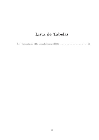 Lista de Tabelas
3.1 Categorias de STIs, segundo Murray (1999) . . . . . . . . . . . . . . . . . 13
xi
 