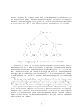 de uma taxonomia. Por exemplo, muitas vezes o exemplo sem caracter´ısticas remov´ıveis
em uma taxonomia pode ser simples demais e n˜ao precisa ser apresentado. Isto ocorre co-
mumente com taxonomias de trˆes caracter´ısticas, e a ´arvore resultante possui a estrutura
representada na ﬁgura 4.3. A se¸c˜ao 5.2 apresenta uma taxonomia com esta estrutura.


C1, C2, C3


C1, C2
D
D
D
D
D
D
D
D
D


C1, C3


C2, C3
l
l
l
l
l
l
l
l
l


C1
¢
¢
¢
¢
¢
¢¢


C2
f
f
f
f
f
ff


C1
¢
¢
¢
¢
¢
¢¢


C3
f
f
f
f
f
ff


C2
¢
¢
¢
¢
¢
¢¢


C3
f
f
f
f
f
ff
Figura 4.3: Representa¸c˜ao de taxonomia sem n´o sem caracter´ısticas
Outro caso de ´arvore n˜ao totalmente preenchida ocorrem quando ao menos uma ca-
racter´ıstica remov´ıvel s´o pode ser apresentada se uma outra qualquer estiver presente.
Por exemplo, considere uma ´arvore de trˆes caracter´ısticas remov´ıveis C1, C2 e C3 tal que,
para C3 estar presente em um exemplo, ´e necess´ario que ou C1 ou C2 tamb´em estejam
presentes. N˜ao h´a exemplos que exercitem apenas C3. A estrutura da taxonomia ´e a apre-
sentada na ﬁgura 4.4, e a se¸c˜ao 5.4 apresenta uma taxonomia na qual esta conﬁgura¸c˜ao
ocorre.
Dizemos que essas caracter´ısticas remov´ıveis s˜ao caracter´ısticas n˜ao-ortogonais entre
si pois elas se inﬂuenciam; em contraposi¸c˜ao, caracter´ısticas remov´ıveis que podem estar
presentes em um exemplo independente das outras s˜ao chamadas de caracter´ısticas ortogo-
nais entre si. Se uma taxonomia ´e constru´ıda apenas a partir de caracter´ısticas ortogonais
— isto ´e, todas as caracter´ısticas que geram a taxonomia s˜ao ortogonais entre si —, ela
´e dita uma taxonomia ortogonal; caso contr´ario, ´e chamada de taxonomia n˜ao-ortogonal.
Em geral, nossa experiˆencia indicou que taxonomias n˜ao-ortogonais s˜ao mais complexas
de criar e, ao que tudo indica, menos claras, didaticamente falando. Enquanto ´e perfeita-
mente razo´avel construir taxonomias n˜ao totalmente preenchidas, construir taxonomias
n˜ao-ortogonais n˜ao ´e o ideal.
17
 