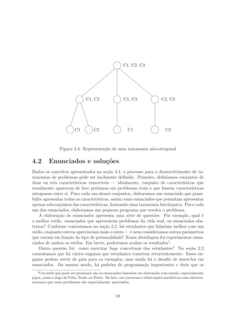 C1, C2, C3


C1, C2
D
D
D
D
D
D
D
D
D


C1, C3


C2, C3
l
l
l
l
l
l
l
l
l


C1
¢
¢
¢
¢
¢
¢¢


C2
f
f
f
f
f
ff


C1


C2
Figura 4.4: Representa¸c˜ao de uma taxonomia n˜ao-ortogonal
4.2 Enunciados e solu¸c˜oes
Dados os conceitos apresentados na se¸c˜ao 4.1, o processo para o desenvolvimento de ta-
xonomias de problemas pˆode ser facilmente deﬁnido. Primeiro, deﬁn´ıamos conjuntos de
duas ou trˆes caracter´ısticas remov´ıveis — idealmente, conjunto de caracter´ısticas que
usualmente aparecem de fato pr´oximas em problemas reais e que fossem caracter´ısticas
ortogonais entre si. Para cada um desses conjuntos, elaboramos um enunciado que possi-
bilite apresentar todas as caracter´ısticas, assim como enunciados que permitam apresentar
apenas subconjuntos das caracter´ısticas, formando uma taxonomia hier´arquica. Para cada
um dos enunciados, elaboramos um pequeno programa que resolva o problema.
A elabora¸c˜ao de enunciados apresenta uma s´erie de quest˜oes. Por exemplo, qual ´e
o melhor estilo: enunciados que apresentem problemas da vida real, ou enunciados abs-
tratos? Conforme comentamos na se¸c˜ao 2.2, h´a estudantes que lidariam melhor com um
estilo, enquanto outros apreciariam mais o outro — e nem consideramos outros parˆametros
que variam em fun¸c˜ao do tipo de personalidade! Nossa abordagem foi experimentar enun-
ciados de ambos os estilos. Em breve, poderemos avaliar os resultados1
.
Outra quest˜ao foi: como exercitar bugs conceituais dos estudantes? Na se¸c˜ao 2.2
comentamos que h´a v´arios enganos que estudantes cometem recorrentemente. Esses en-
ganos podem servir de guia para os exemplos, mas ainda h´a o desaﬁo de inseri-los em
enunciados. Do mesmo modo, h´a padr˜oes de programa¸c˜ao importantes e ´uteis que os
1
Um estilo que pode ser promissor s˜ao os enunciados baseados em abstra¸c˜oes com estado, especialmente
jogos, como o Jogo da Vida, Snake ou Tetris. De fato, em conversas e observa¸c˜oes aned´oticas com calouros,
notamos que esses problemas s˜ao especialmente apreciados.
18
 
