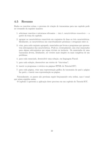 4.5 Resumo
Dados os conceitos acima, o processo de cria¸c˜ao de taxonomias para um cap´ıtulo pode
ser resumido da seguinte maneira:
1. selecionar conceitos e estruturas relevantes — isto ´e, caracter´ısticas remov´ıveis — a
partir do tema do cap´ıtulo;
2. agrupar as caracter´ısticas remov´ıveis em conjuntos de duas ou trˆes caracter´ısticas.
Idealmente, as caracter´ısticas s˜ao conceitualmente pr´oximas e ortogonais entre si;
3. criar, para cada conjunto agrupado, enunciados que levem a programas que apresen-
tem subconjuntos das caracter´ısticas. Pode-se, eventualmente, n˜ao criar enunciados
para alguns subconjuntos que sejam triviais ou invi´aveis. Os enunciados de uma
taxonomia devem, idealmente, ser vers˜oes mais simples ou mais completas de um
problema;
4. para cada enunciado, desenvolver uma solu¸c˜ao, em linguagem Pascal;
5. para cada solu¸c˜ao, desenvolver um roteiro de “tira-teima”;
6. inserir os programas e roteiros em p´aginas HTML do Tutorial ICC;
7. para cada p´agina, criar uma representa¸c˜ao gr´aﬁca da taxonomia da qual a p´agina
faz parte, e inserir essa representa¸c˜ao na p´agina.
Naturalmente, os passos n˜ao precisam seguir for¸cosamente esta ordem, mas ´e usual
que sejam seguidos assim.
O cap´ıtulo 5 apresenta a aplica¸c˜ao deste processo em um cap´ıtulo do Tutorial ICC.
22
 