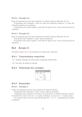 B.2.3.3 Exemplo 2.2
Fa¸ca um programa que leia uma sequˆencia de n´umeros inteiros diferentes de zero.
O programa deve imprimir o valor da soma dos elementos positivos e a soma dos
elementos negativos da sequˆencia.
O programa deve parar quando o valor lido for igual a zero. O zero n˜ao faz parte da
sequˆencia.
B.2.3.4 Exemplo 2.3
Fa¸ca um programa que leia uma sequˆencia de n´umeros inteiros diferentes de zero.
O programa deve imprimir o maior valor da sequˆencia.
O programa deve parar quando o valor lido for igual a zero. O zero n˜ao faz parte da
sequˆencia.
B.3 ´Arvore 3
Comando repeat-until com pergunta ao usu´ario para cada la¸co.
B.3.1 Caracter´ısticas remov´ıveis
C1. primeiro elemento da s´erie requer tratamento diferenciado
C2. h´a cr´ıtica de dados de entrada
B.3.2 Numera¸c˜ao dos exemplos
C1 C2 Exemplo
• • 3
– – 3.1
– • 3.2
• – 3.3
B.3.3 Enunciados
B.3.3.1 Exemplo 3
3 Fa¸ca um programa que leia uma sequˆencia de n´umeros inteiros.
O programa deve imprimir o maior e menor valor da sequˆencia.
O programa deve perguntar ao usu´ario, em cada leitura, se deseja continuar ou parar.
O usu´ario deve entrar com um ’s’ se quiser continuar, ou com um ’n’ se quiser parar.
Se o usu´ario entrar com um caractere diferente de ’s’ ou ’n’, o programa deve repetir
a pergunta.
83
 