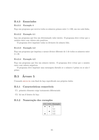 B.4.3 Enunciados
B.4.3.1 Exemplo 4
Fa¸ca um programa que escreva todos os n´umeros primos entre 1 e 100, um em cada linha.
B.4.3.2 Exemplo 4.1
fa¸ca um programa que leia um determinado valor inteiro. O programa deve evitar que o
usu´ario entre com valores n˜ao positivos.
O programa deve imprimir todos os divisores do n´umero lido.
B.4.3.3 Exemplo 4.2
Fa¸ca um programa que imprima o menor divisor diferente de 1 de todos os n´umeros entre
2 e 20.
B.4.3.4 Exemplo 4.3
Fa¸ca um programa que leia um n´umero inteiro. O programa deve evitar que o usu´ario
entre com valores negativos.
O programa deve imprimir uma mensagem dizendo se o n´umero ´e primo ou se n˜ao ´e
primo.
B.5 ´Arvore 5
Comando while-do com ﬁnal do la¸co especiﬁcado nos pr´oprios dados
B.5.1 Caracter´ısticas remov´ıveis
C1. primeiro elemento exige tratamento diferenciado
C2. h´a um if dentro do la¸co
B.5.2 Numera¸c˜ao dos exemplos
C1 C2 Exemplo
• • 5
– – 5.1
– • 5.2
• – 5.3
85
 