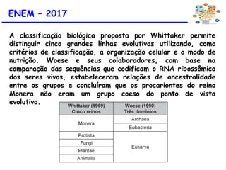 ENEM – 2017
A classificação biológica proposta por Whittaker permite
distinguir cinco grandes linhas evolutivas utilizando, como
critérios de classificação, a organização celular e o modo de
nutrição. Woese e seus colaboradores, com base na
comparação das sequências que codificam o RNA ribossômico
dos seres vivos, estabeleceram relações de ancestralidade
entre os grupos e concluíram que os procariontes do reino
Monera não eram um grupo coeso do ponto de vista
evolutivo.
 