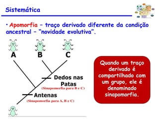 • Apomorfia – traço derivado diferente da condição
ancestral – “novidade evolutiva”.
Quando um traço
derivado é
compartilhado com
um grupo, ele é
denominado
sinapomorfia.
Sistemática
 