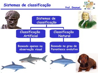 Sistemas de classificação Prof. Emanuel Sistemas de  classificação Classificação  Artificial Classificação  Natural Baseado apenas na  observação visual Baseado no grau de  Parentesco evolutivo 