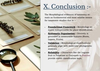 X. Conclusion :-
The Morphological evidences of taxonomy re-
main as fundamental and most reliable means
for taxonomic studies due to :-
• Foundational Framework : Morphology re-
mains indispensable for plant identification.
• Systematic Organization : Diversity is
grounded in measurable features (Roots,
Leaves, Fruits).
• Validation : Morphological classifications
generally align with molecular phylogenetic
analyses.
• Reliability : Characters like the Legume
fruit in Fabaceae or Caryopsis in Poaceae
provide stable classification keys.
 